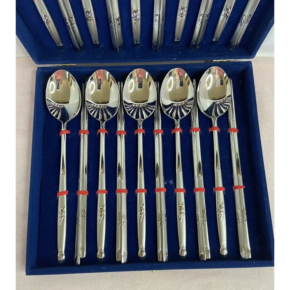 Vtg  Stainless Steel Soup Spoons &  Chopsticks Velvet Case Set of 10 Each